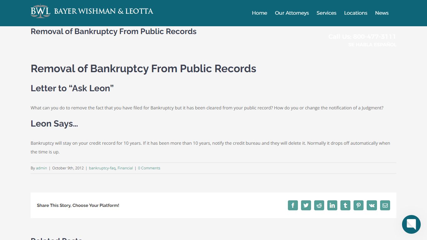 Removal of Bankruptcy From Public Records - Bayer, WIshman & Leotta